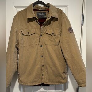 Eddie Bauer Tan Canvas Chore Jacket Fleece Lined Mens Snap Button Up Sz L